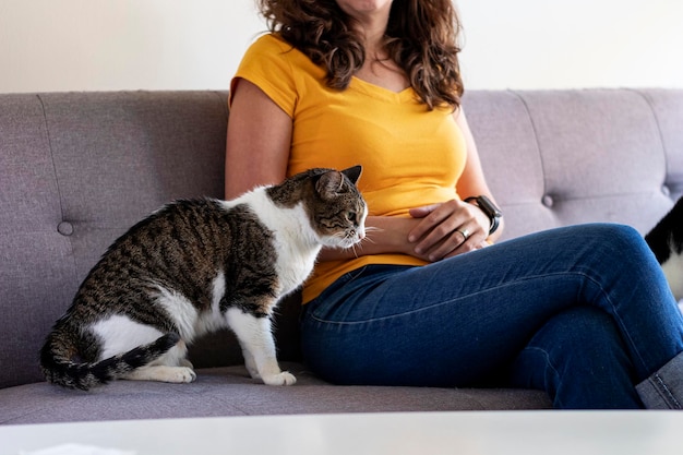 Vrouw zittend op de bank met gestreepte kat ernaast