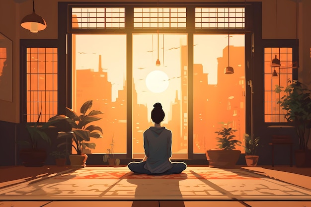 Vrouw zittend op de vloer van binnenlandse Aziatische stijl kamer bij zonsopgang of zonsondergang neuraal netwerk