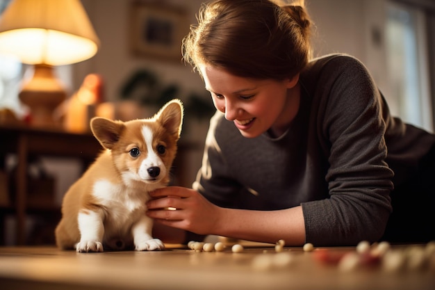 Vrouw zorgt voor haar speelse corgi-puppy in hun gezellige woonkamer