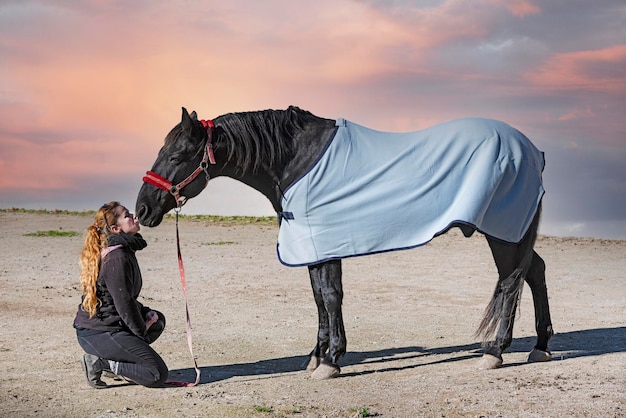 Vrouw zwart paard en zijn paardendeken in de winter