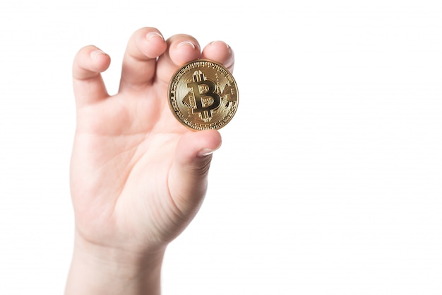 Vrouwelijk bitcoinsymbool van de handholding van het elektronische virtuele virtuele geld van de cryptomunt