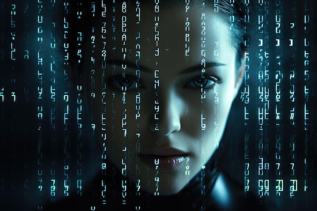 Vrouwelijk gezicht met matrix digitale cijfers kunstmatige intelligentie AI thema met menselijk gezicht Virtueel