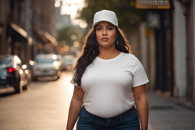 Vrouwelijk model in een klassiek wit katoenen T-shirt op een stadsstraat