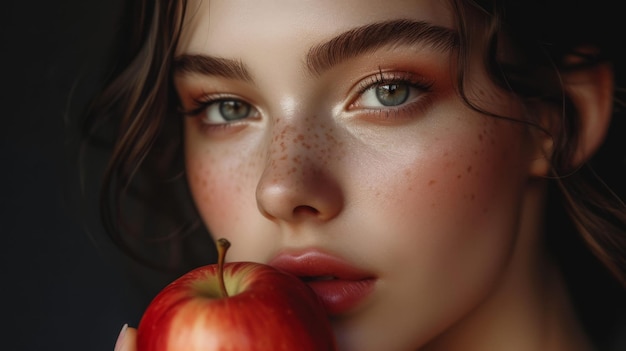 vrouwelijk model met een appel in de hand poseert op de achtergrond van de studio