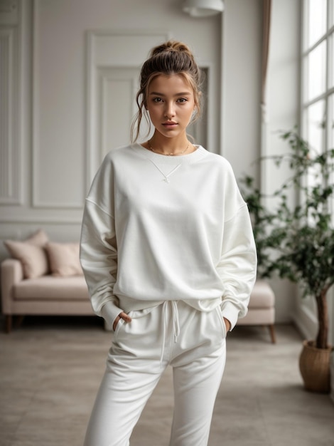 Vrouwelijk model met een witte trui.