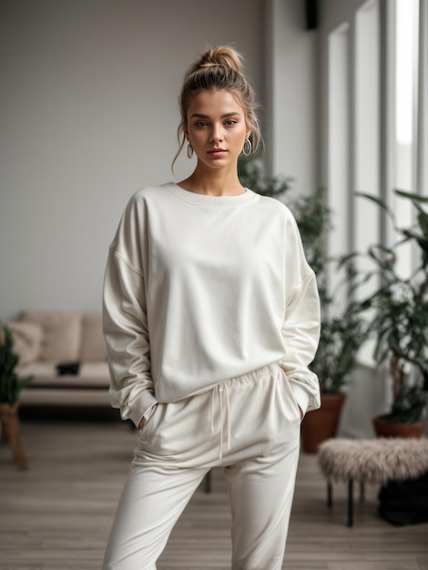 Vrouwelijk model met een witte trui.