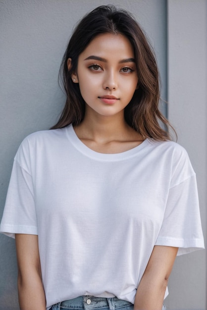 vrouwelijk model met wit t-shirt wit t-shirt mockup voor uw ontwerp