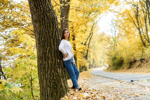 Vrouwelijk portret. Jonge vrouw in vrijetijdskleding poseren in herfstbos met gele bladeren