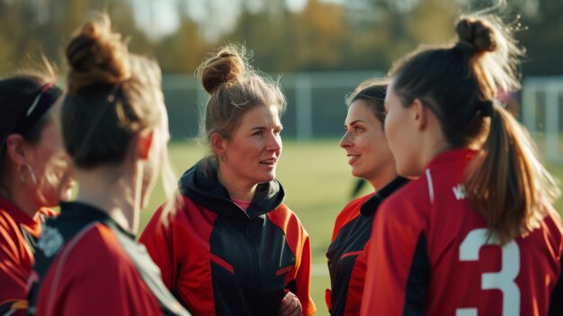 Foto vrouwelijk voetbalteam en hun coach gaan door het spelplan op het voetbalveld