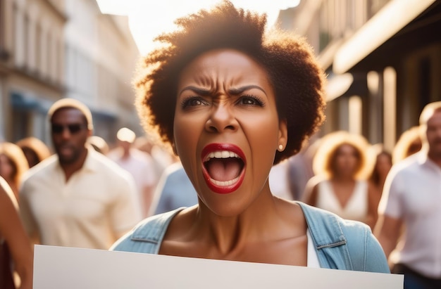 vrouwelijke activist slaat tegen schending van rechten boze zwarte vrouw schreeuwend met poster op straat