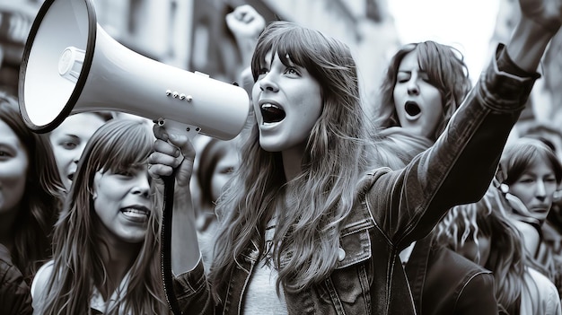 Vrouwelijke activiste protesteert met een megafoon tijdens een staking met een groep demonstranten op de achtergrond