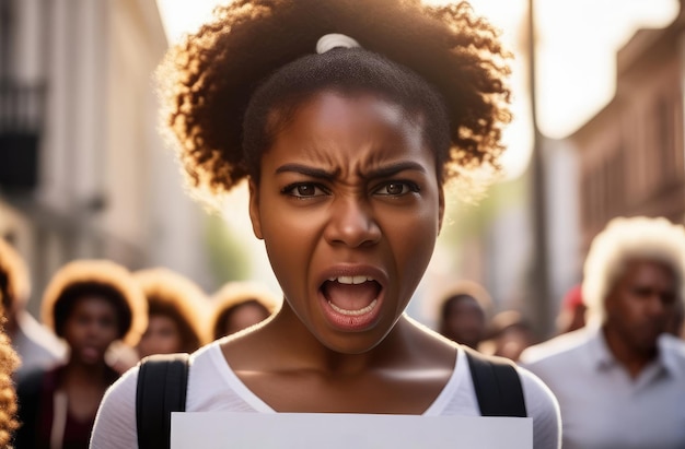 vrouwelijke activiste protesteert tegen schending van rechten boos zwart meisje treft met poster op straat