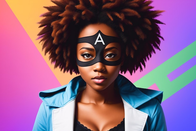 Vrouwelijke Afro-Amerikaanse superheld Portret van zwarte vrouw n fantastisch kostuum en een superheldenmasker Generatieve AI