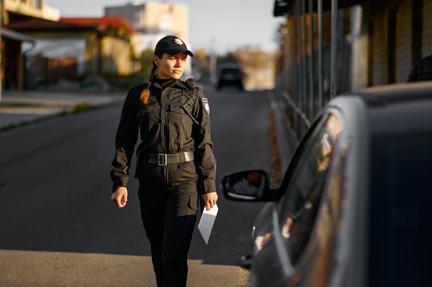 Vrouwelijke agent komt naar de auto. Wegenwacht politie. Bewegende overtreding zoals snelheidsoverschrijding