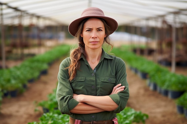 Vrouwelijke agronoom met gekruiste armen in biologische boerderij