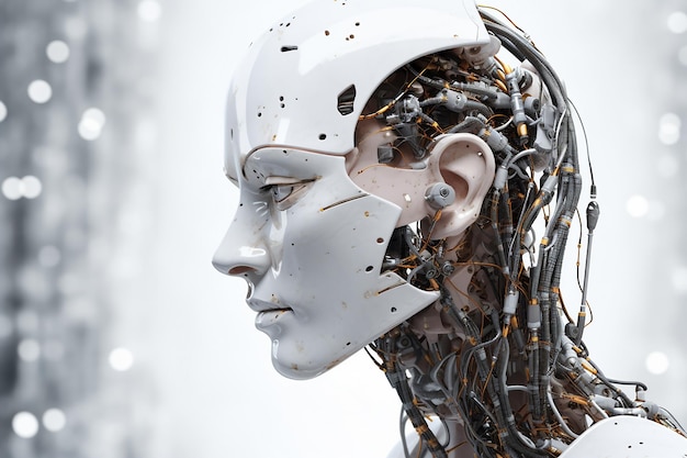 Vrouwelijke AI-robot richt zich op het realiseren van futuristische potentiële technologie in de informatieverwerkingsruimte