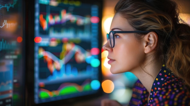 Vrouwelijke analist die financiële marktgegevens op een scherm bekijkt