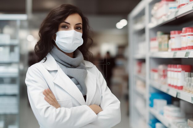 vrouwelijke apotheker met masker in de apotheek