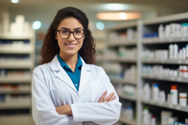 Vrouwelijke apotheker met medicijnen die in de apotheek staat. Vrouwelijke medische specialist met geneesmiddelen in de apothek. Geneeskunde en gezondheidszorg.