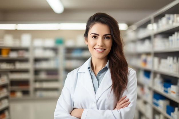 Vrouwelijke apotheker met medicijnen die in de apotheek staat. Vrouwelijke medische specialist met geneesmiddelen in de apothek. Geneeskunde en gezondheidszorg.