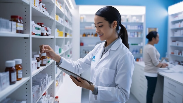Foto vrouwelijke apotheker neemt een medicijn uit de plank en gebruikt een digitale tablet in de apotheek