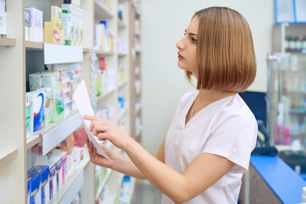 Vrouwelijke apotheker op zoek naar medicijnen op recept