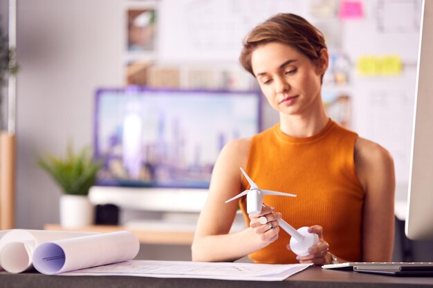Vrouwelijke architect in kantoor bezig met tekeningen voor hernieuwbare energieproject met model windturbine