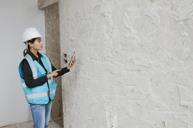 Vrouwelijke architect inspecteert de bouwplaats van de muren in een gebouw om standaardmaterialen te installeren.