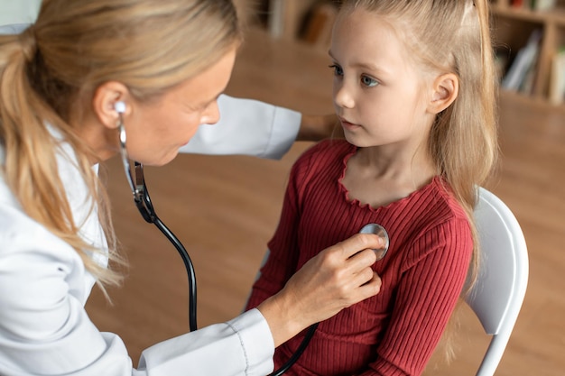 Foto vrouwelijke arts die de longen van het kind controleert tijdens medische controle kinderarts die een stethoscoop gebruikt om de kleine patiënt te onderzoeken