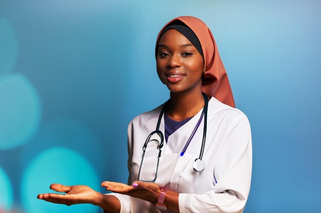 vrouwelijke arts in hoofddoek met aanbiedend gebaar