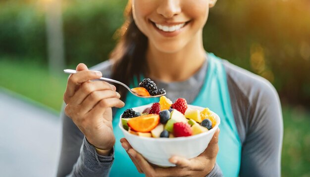 vrouwelijke atleet geniet van een levendige vruchtsalade die gezondheid en welzijn belichaamt en de vreugde van voedende h