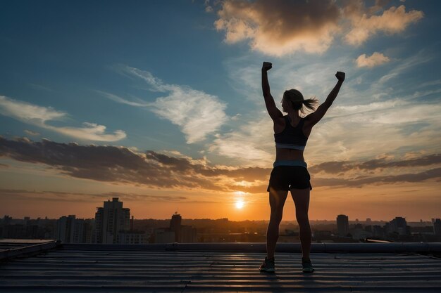 Vrouwelijke atleet Power Pose bij zonsondergang