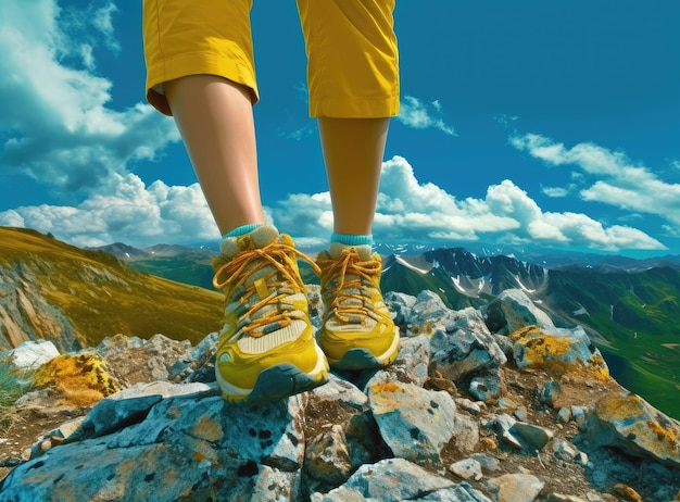 Vrouwelijke atleet springt over stenen in bergen Gemaakt met generatieve AI-technologie