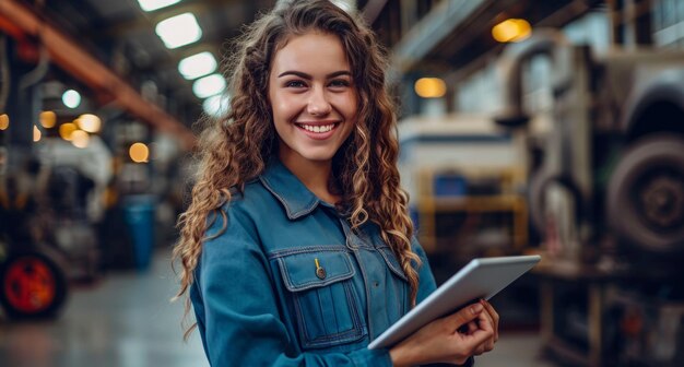 Foto vrouwelijke auto-mechanicus met haar tablet gelukkig en glimlachend