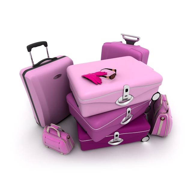 Vrouwelijke bagage in roze en paars met daarbovenop een dameshandschoenen en een zonnebril