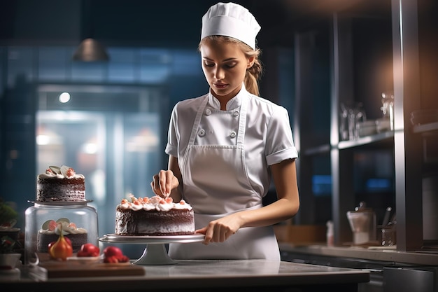 Vrouwelijke bakkerij chef-kok bereidt heerlijke taart in het interieur van de moderne keuken