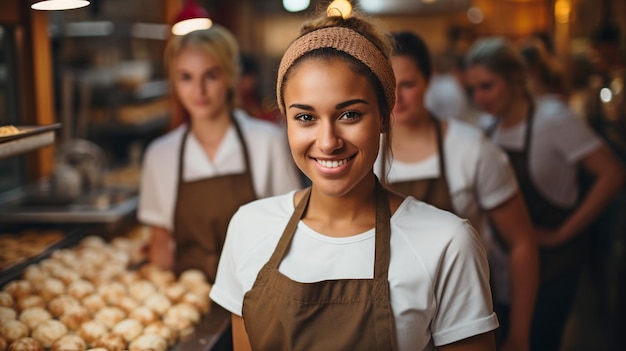 Vrouwelijke bakkers glimlachen terwijl ze de camera aanspreken. Een team van professionele koks in uniform bereidt eten voor een restaurant in de keuken