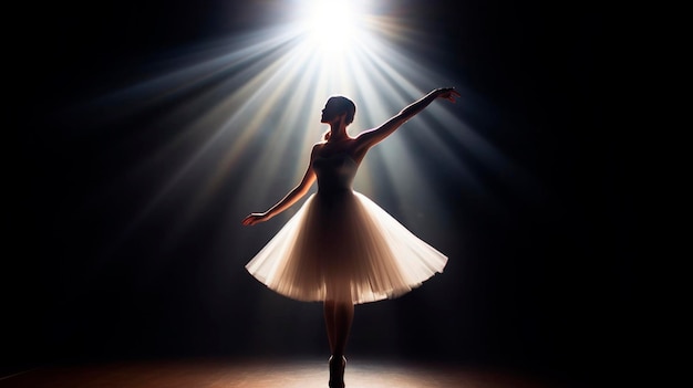 Vrouwelijke balletdanser silhouet in spotlight straal donkere achtergrond prima ballerina assoluta dansen op het podium van het theater Generatieve AI