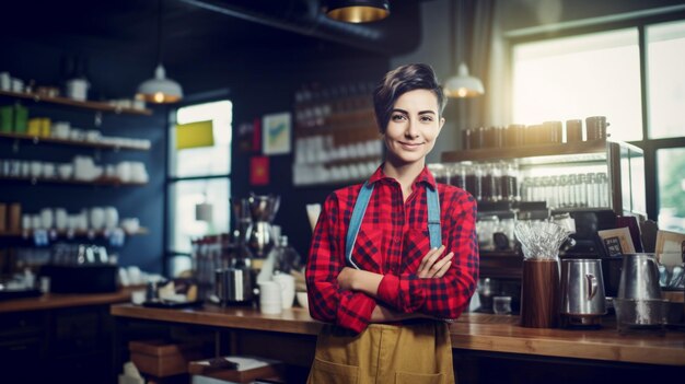 Vrouwelijke barista die koffie of espresso drinkt in de coffeeshop met Generative AI