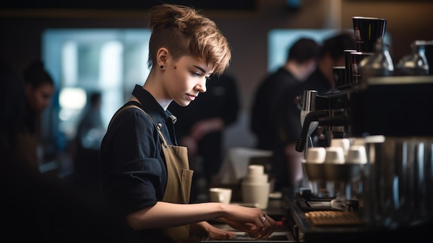 Vrouwelijke barista die koffie of espresso maakt tijdens een druk spitsuur in de coffeeshop met Generative AI