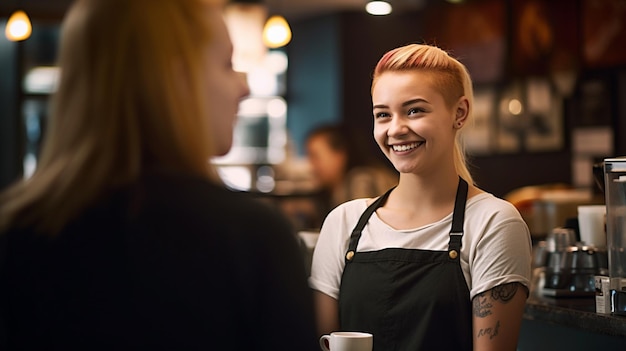 Vrouwelijke barista met een 20-jarige tevreden klant in de coffeeshop met Generative AI