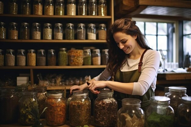 Foto vrouwelijke bedrijfseigenaar die kruiden en gedroogde bloemen mengt in een apothekerij