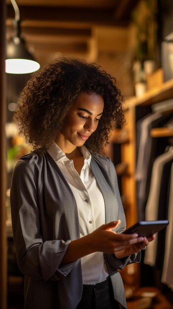 vrouwelijke bedrijfseigenaar met behulp van een digitale tablet in een kledingwinkel