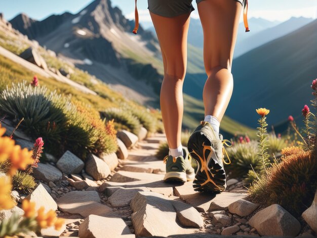 Foto vrouwelijke benen met sportschoenen en rugzak lopen op een trail berg