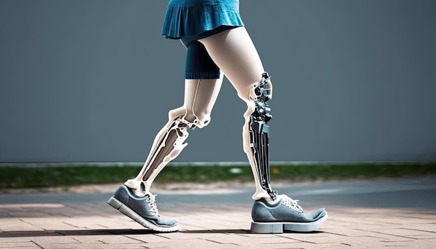 Vrouwelijke benen prothese close-up wandelen buiten in stadspark vrouw geamputeerde dragen prothetische benen