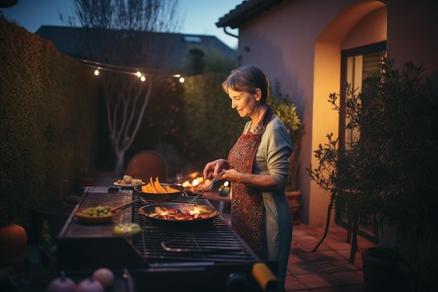 Vrouwelijke blanke middelbare leeftijd grillen patio buitengrill maaltijd Generatieve AI AIG23