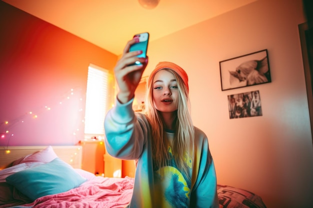 Vrouwelijke blanke tiener die selfies neemt in slaapkamer trendy foto Generatieve AI AIG23