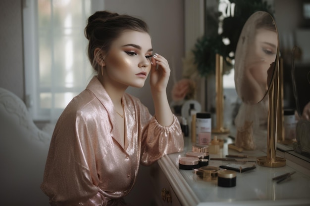 Vrouwelijke blanke tiener doet make-up in slaapkamer glamour Generatieve AI AIG23