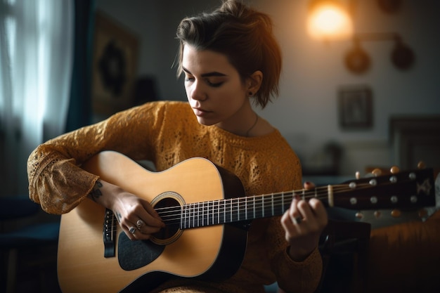 Vrouwelijke blanke volwassene die gitaar speelt in muziekkamer activiteitsmuziek Generatieve AI AIG23