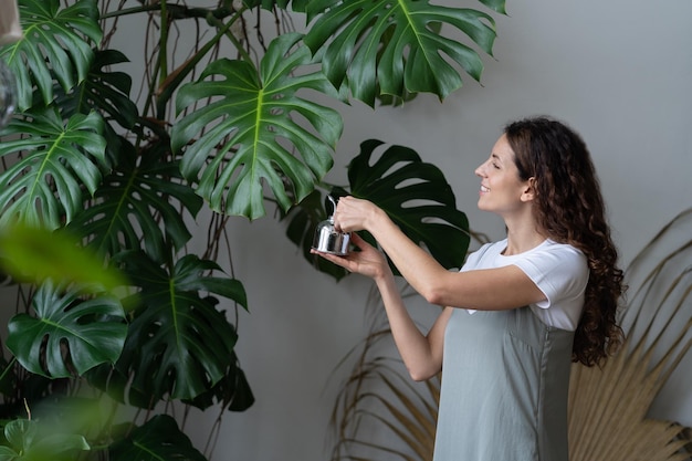 Vrouwelijke bloemist die monstera kamerplant spuit, hydrateert bladeren tijdens het stookseizoen thuis